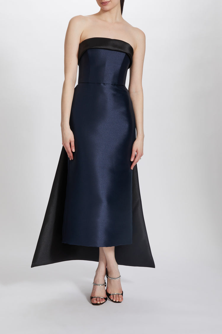 P627 - Tea-Length Slim Dress with Watteau, dress from Collection Evening by Amsale, Fabric: mikado