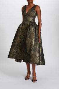 P634 - Metallic Jacquard Tea-Length Dress
