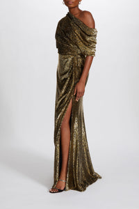 P636 - Gold Lamé Draped Slouch Gown