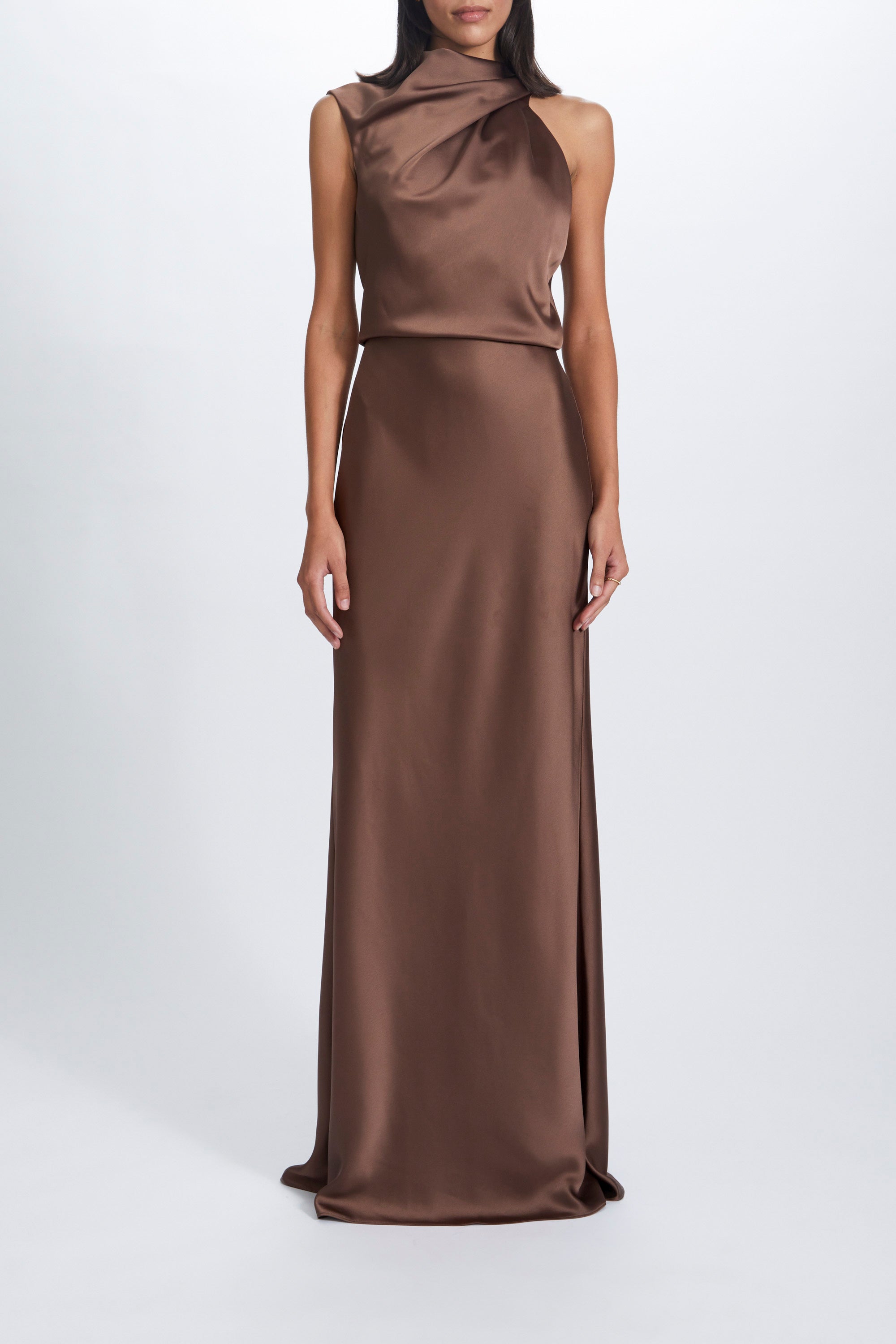 Fluid Satin Draped Neck Dress – Amsale
