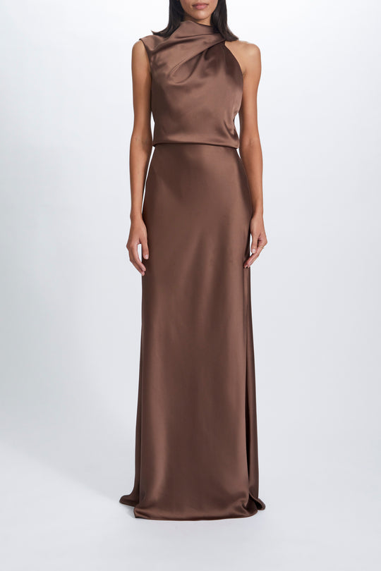 Fluid Satin Draped Neck Dress