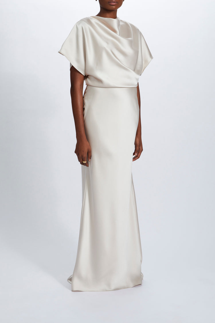 amsale fluid satin draped neck dress Amsale Women's Draped Satin Gown - French Blue