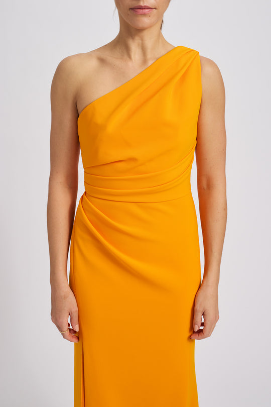 Stretch Crepe One-Shoulder Gown, $1,295, dress from Collection Evening by Amsale, Fabric: crepe