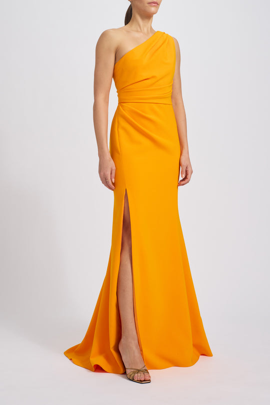 Stretch Crepe One-Shoulder Gown, $1,295, dress from Collection Evening by Amsale, Fabric: crepe