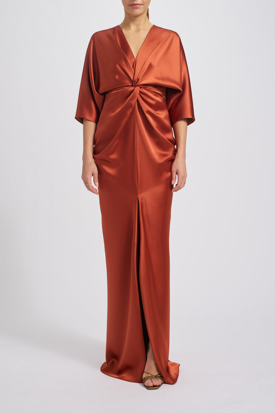 Fluid Satin Draped Sleeve Gown, $875, dress from Collection Evening by Amsale, Fabric: fluid-satin