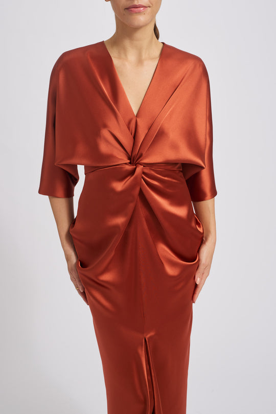 Fluid Satin Draped Sleeve Gown, $875, dress from Collection Evening by Amsale, Fabric: fluid-satin