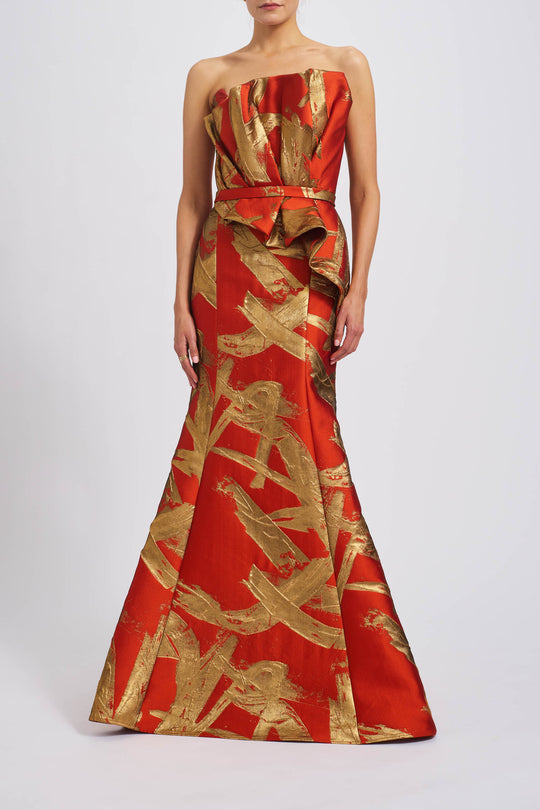 Metallic Jacquard Pleated Gown, $3,150, dress from Collection Evening by Amsale, Fabric: jacquard