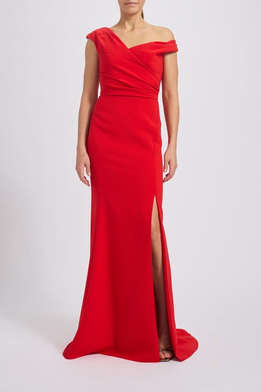 Stretch Crepe Draped Shoulder Gown, $1,295, dress from Collection Evening by Amsale, Fabric: crepe