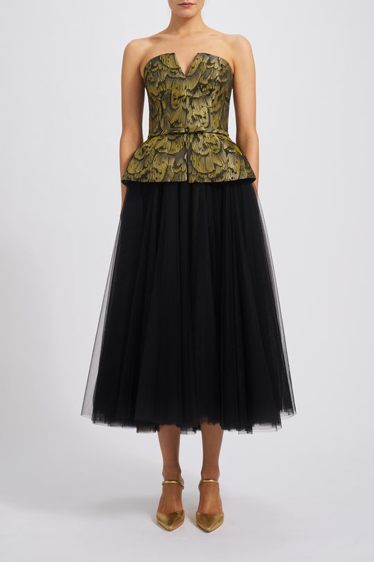 Jacquard Peplum Corset Dress, $1,495, dress from Collection Evening by Amsale, Fabric: jacquard