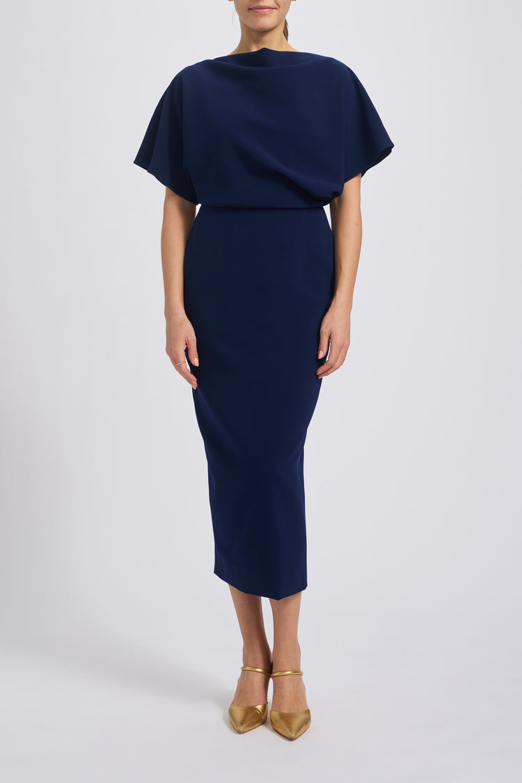drape front midi dress Drape Front Sleeveless Satin Midi Dress