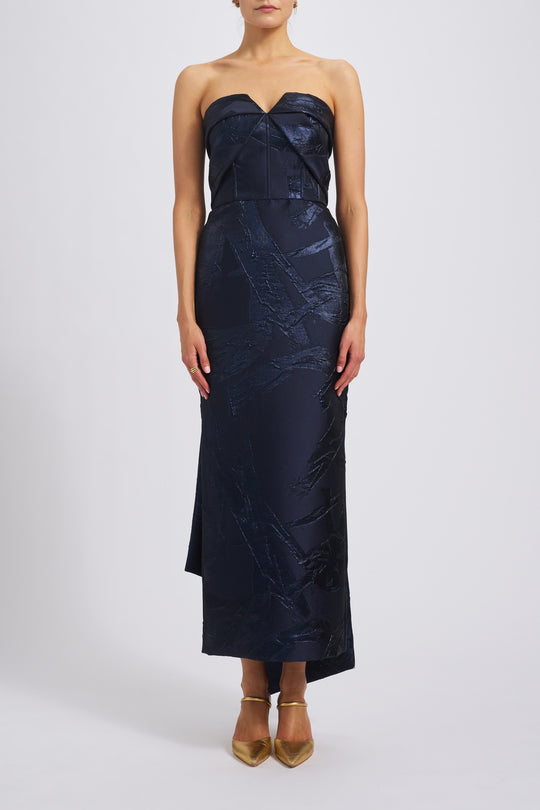 Metallic Jacquard Column Dress, $1,895, dress from Collection Evening by Amsale, Fabric: jacquard