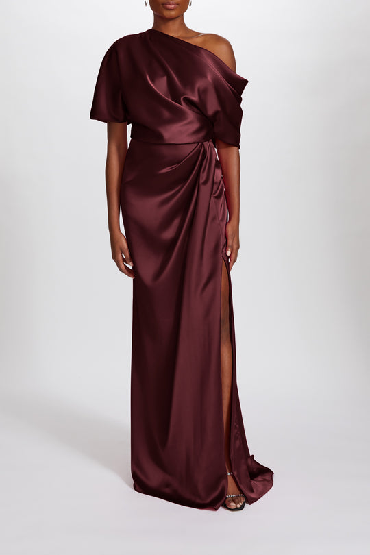 Fluid Satin Off-the-Shoulder Gown, $595, dress from Collection Evening by Amsale