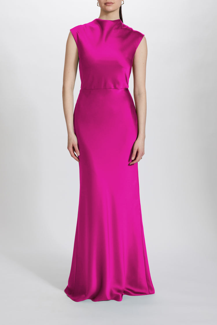 Image number 3: Fluid Satin Cowl Neck Dress in Fuchsia, front view