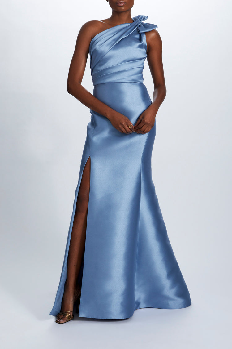 Image number 3: Mikado Draped Bodice Gown in Smokey-Blue, front view