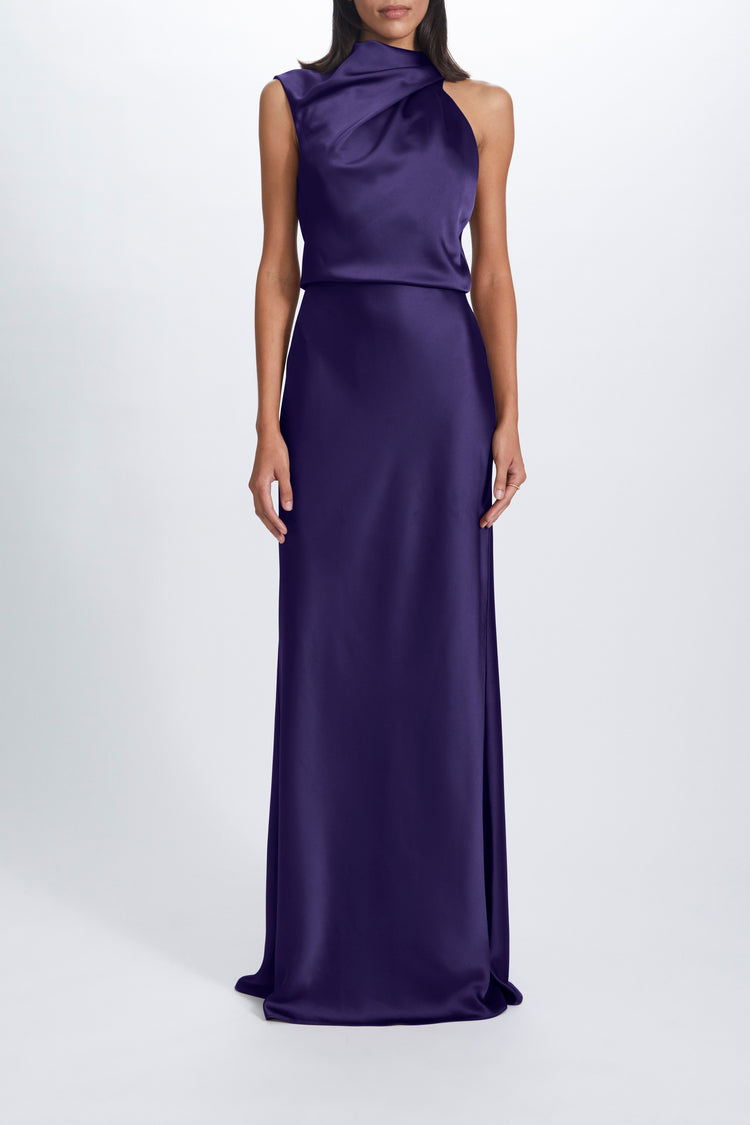 Image number 8: Fluid Satin Draped Neck Dress in Amethyst, front view