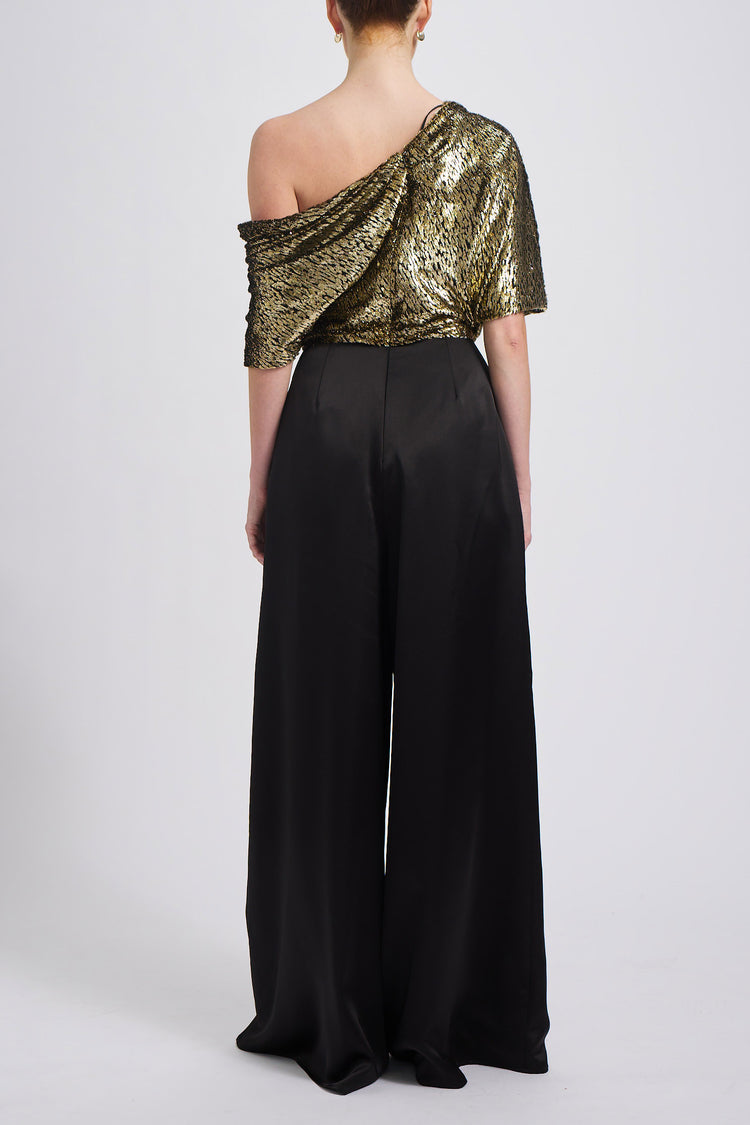 Gold Lamé Draped Jumpsuit, dress from Collection Evening by Amsale, Fabric: lame-velvet-satin