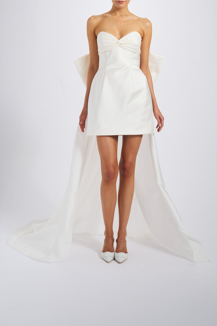 mini dress with train Strapless Lavender Ruched Short Ohmollydress perfect for turning heads and owning the spotlight. Ariadne Ruffle Train Mini Dress