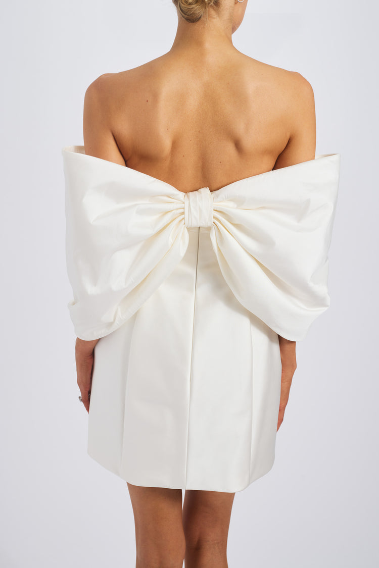 Duchess Satin Mini Dress with Taffeta Train – Amsale