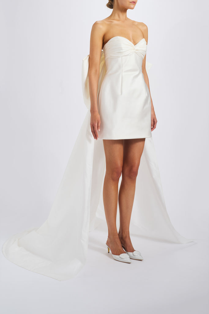 Duchess Satin Mini Dress with Taffeta Train – Amsale Duchess Satin Mini Dress with Taffeta Train – Amsale