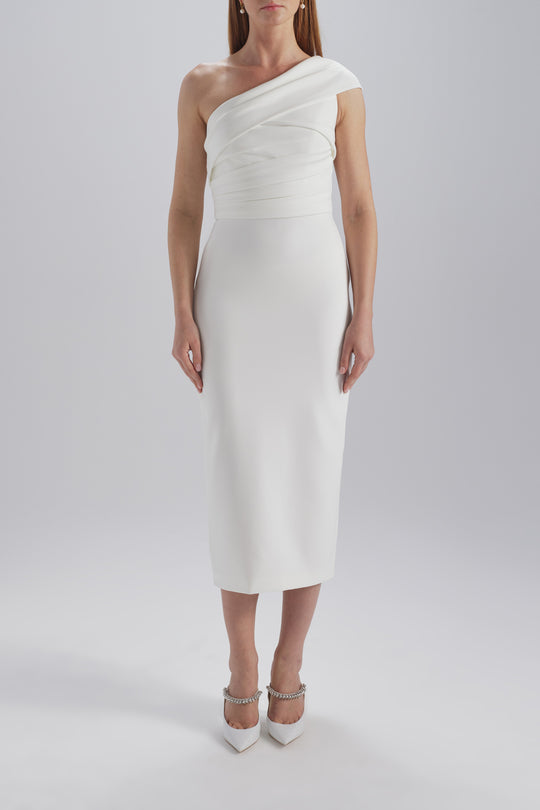 Pleated One-Shoulder Dress, $775, dress by color from Collection Little White Dress by Amsale, Fabric: crepe