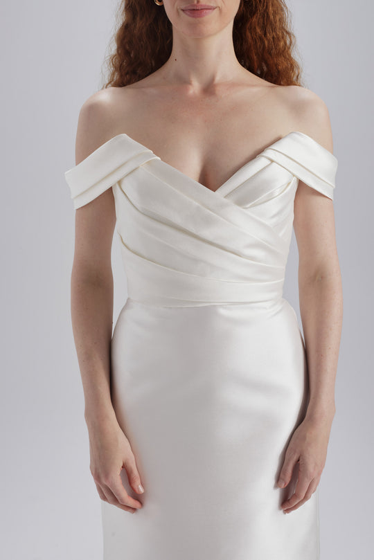 Mikado Draped Shoulder Dress, $775, dress by color from Collection Little White Dress by Amsale, Fabric: mikado