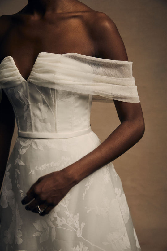 Cressida, $6,495, dress from Collection Bridal by Amsale, Fabric: floral-print-silk-organza