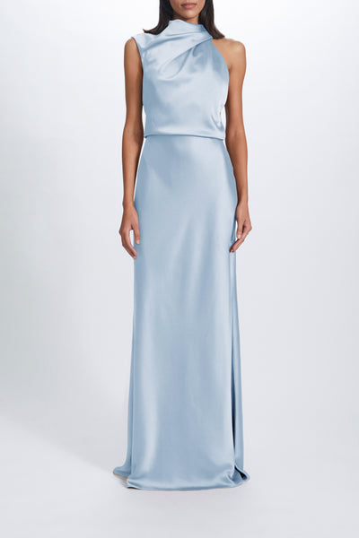 navy blue dress for baby girl Blue Satin Drape Asymmetric Strap Midi Dress – Miss Satin main image 0