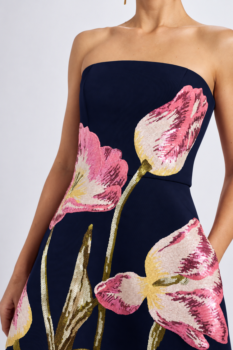 Image number 7: Sequin Appliqué Midi Dress in Navy, detail view