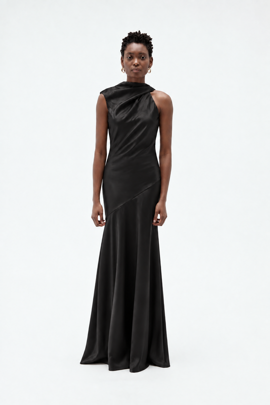 Satin Asymmetric Drape Gown, $1,200, dress from Collection Evening by Amsale