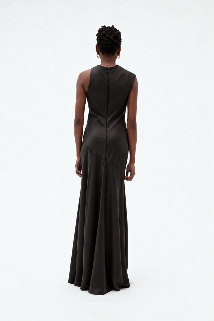 Image number 2: Satin Asymmetric Drape Gown in Black, back view