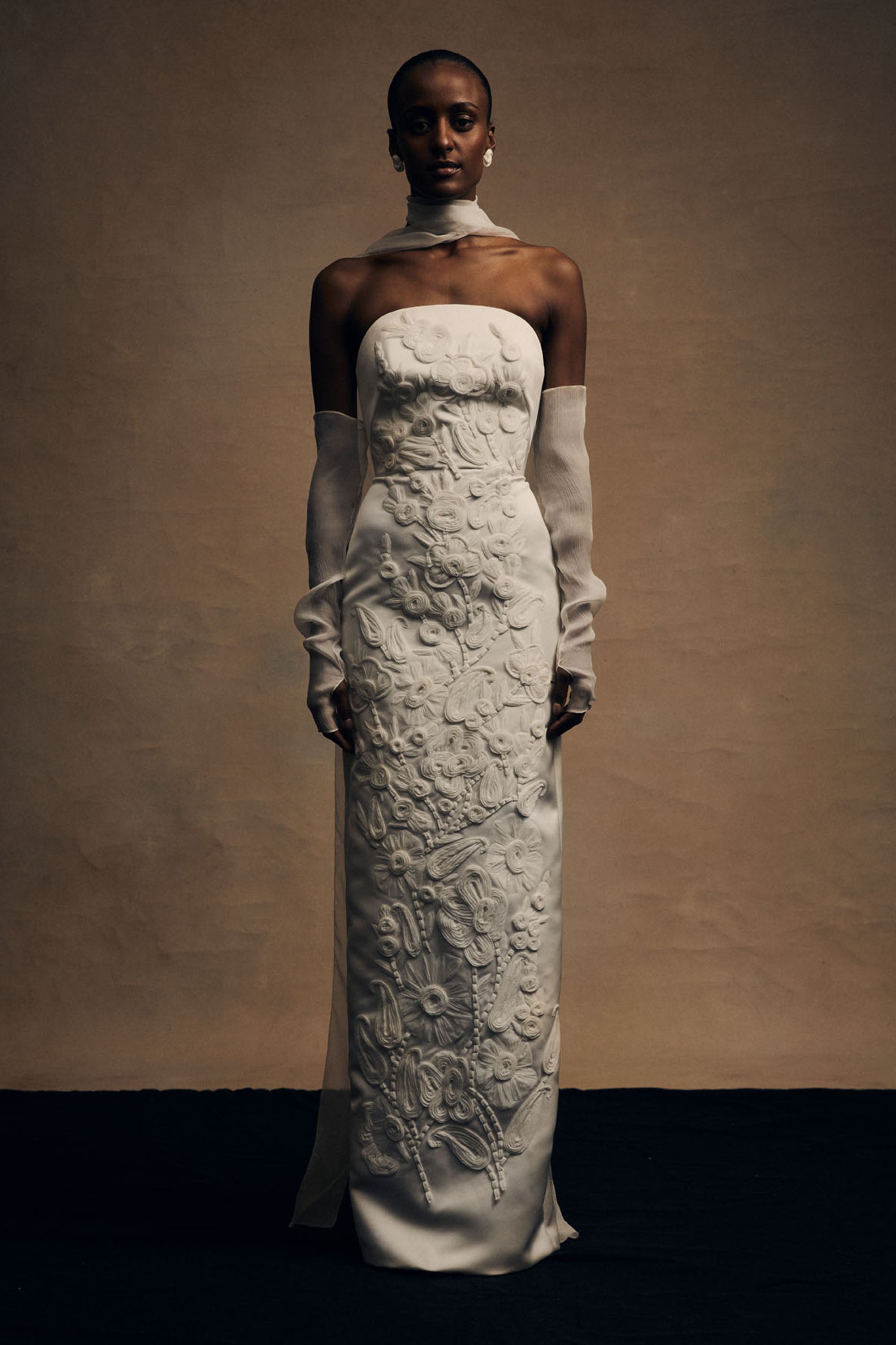 amsale chiffon dress Bridal look No. 3 Custom Amsale Sorrel gown with hand twisted chiffon flowers and Watteau. Custom chiffon floor length hair bow. Vintage jewelry from Maison Mrenor. #2026bride #bridalinspo #bridaljewellery