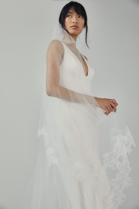 R327V - Butterfly Cathedral length veil with ivy lace edge