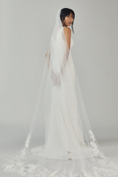 NewGraceful cathedral veil w/lace & sequin beading Cathedral Veil with Sequin Scrollwork Trim | David main image 2