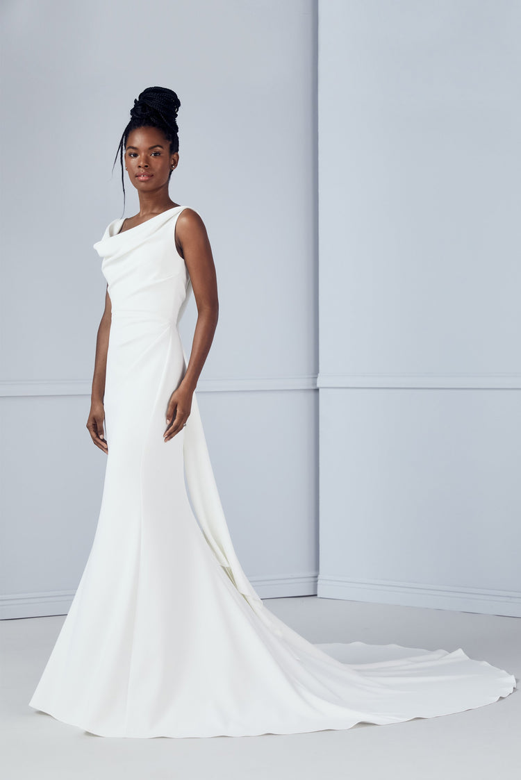 amsale dresses Mikado Bow Column Gown Champagne / 10 The elegant Belle strapless gown features a ruched crumb catcher bodice and a structured fit Amsale Women's Sequined Tulle Gown