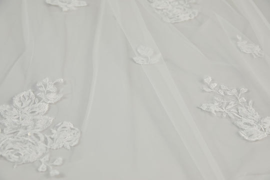 Cathedral Length Veil with Shimmer Lace, $330, accessory from Collection Accessories by Nouvelle Amsale, Fabric: tulle