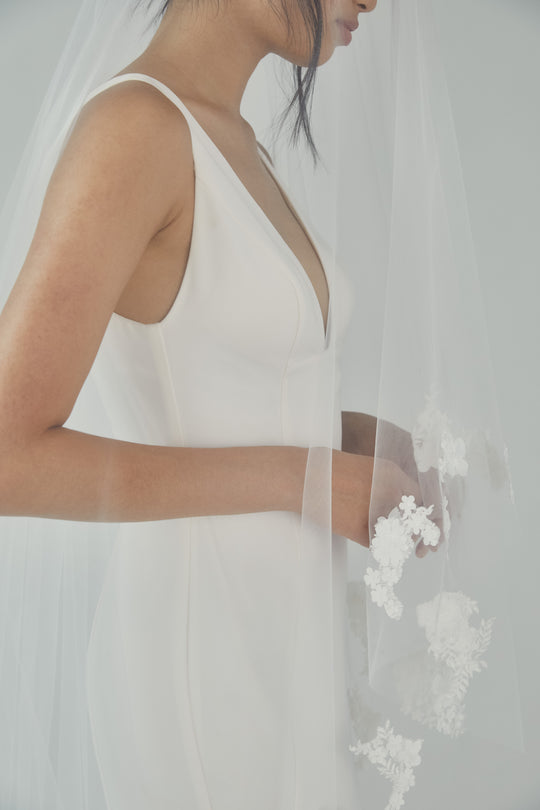 R310V - Butterfly Cathedral length veil with flowers - Ivory - alternate view
