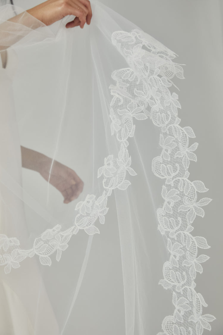 R327V - Butterfly Cathedral length veil with ivy lace edge, accessory from Collection Accessories by Nouvelle Amsale, Fabric: tulle