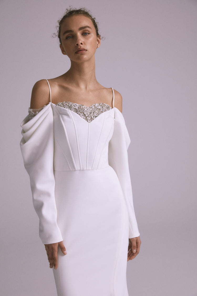 Frida, dress from Collection Bridal by Amsale, Fabric: stretch-fluid-crepe
