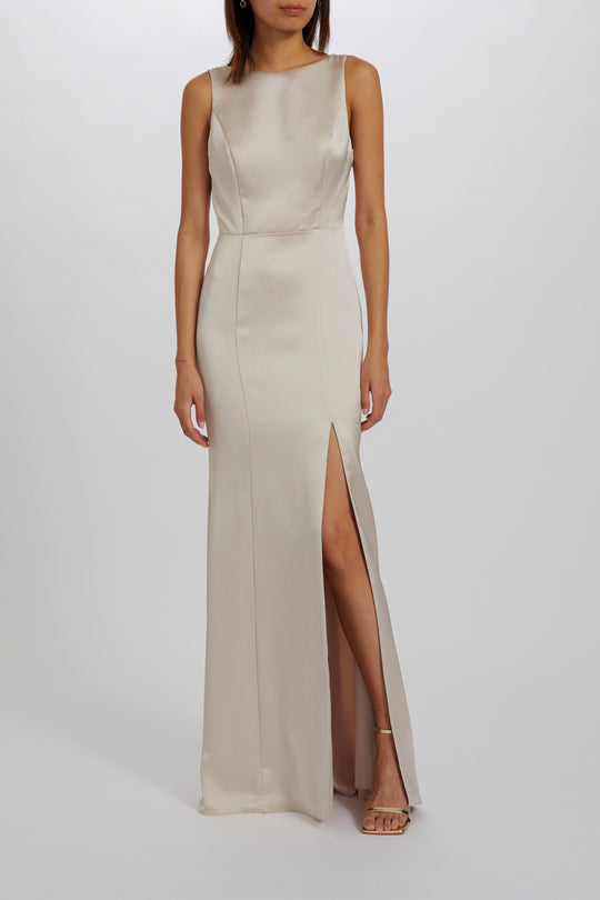 Flutter Sleeve Draped Wrap Stretch Maxi Bridesmaid Dress In French Truffle