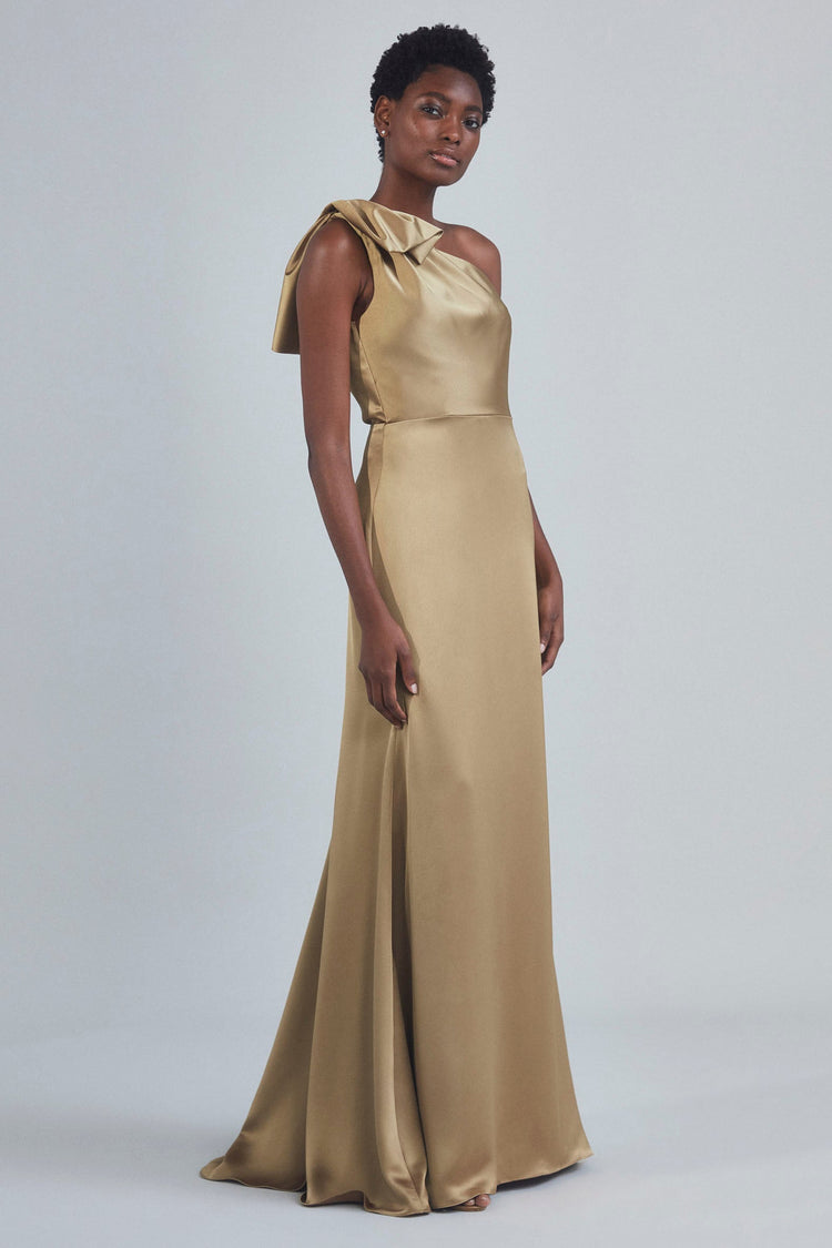 Image number 2: P395S - One-Shoulder Bow Gown - Lipstick-Red, side view