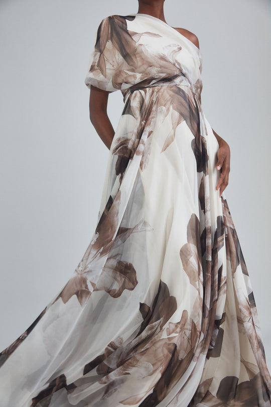 P405C - Printed Chiffon Draped Gown