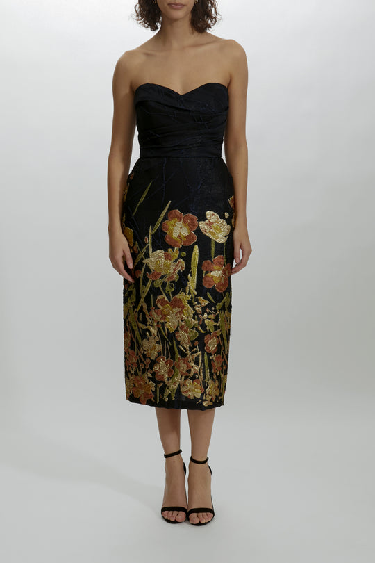 P480 - Metallic Tea Length Dress, $1,895, dress from Collection Evening by Amsale, Fabric: jacquard