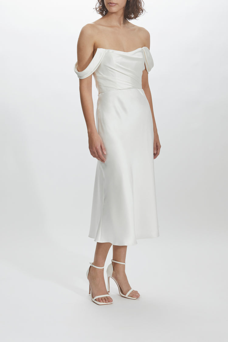 LW205 - Draped Bodice Dress, dress from Collection Little White Dress by Amsale, Fabric: fluid-satin
