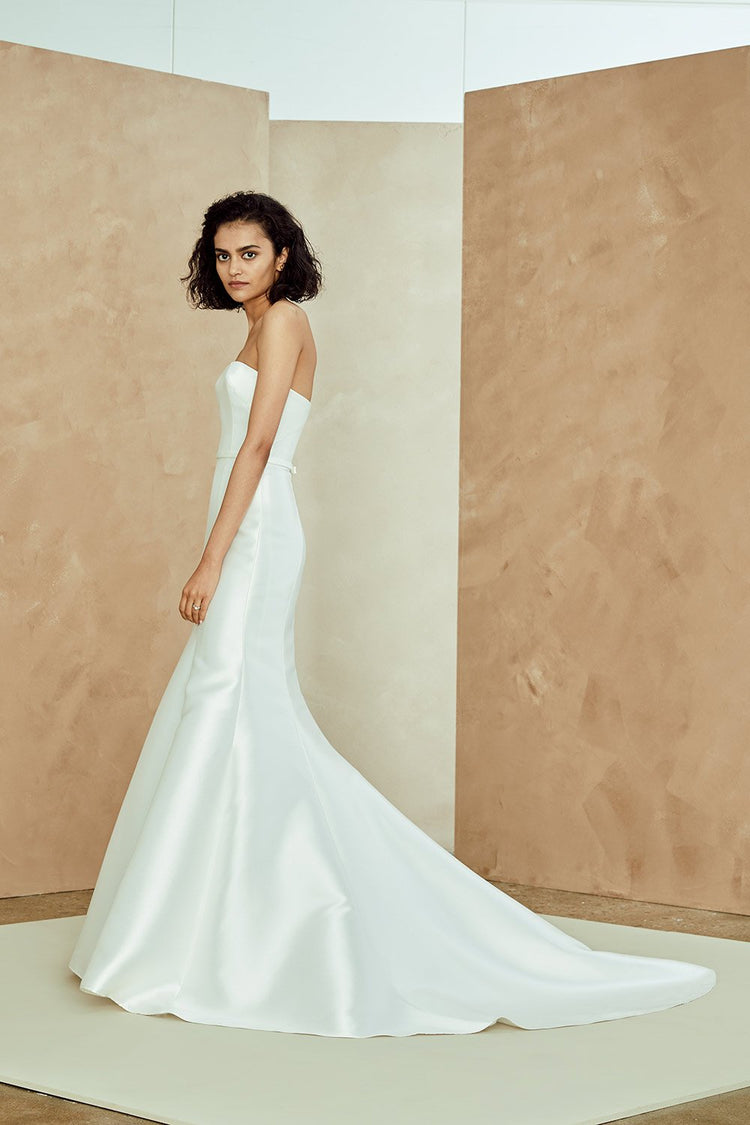 Button Front Strapless Stretch Crepe Wedding Dress